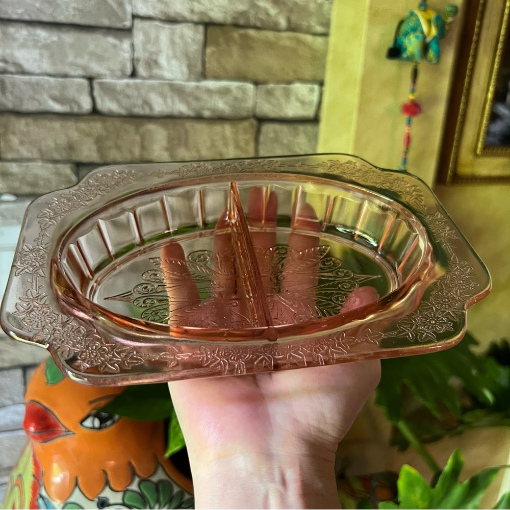 Vintage Pink Glass Divided Relish Dish